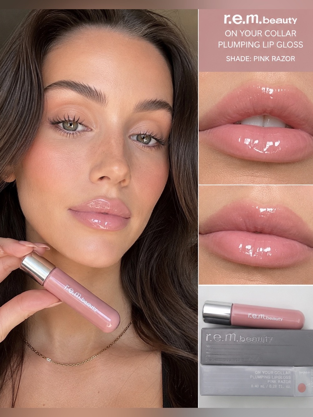 R.E.M BEAUTY On Your Collar Plumping Lip Gloss in Pink Razor NIB